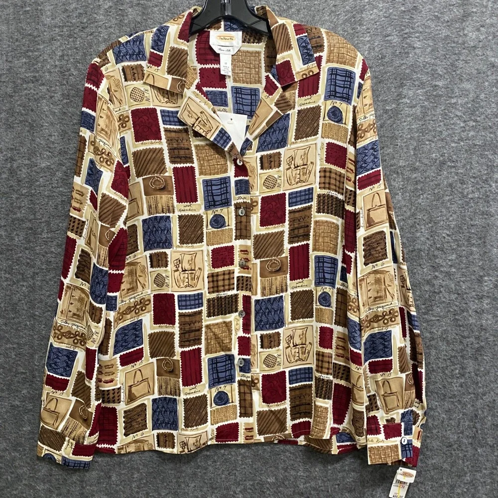 NEW Talbots Silk Blouse Top Womens 12 Novelty‎ Button Up Preppy Academia Office